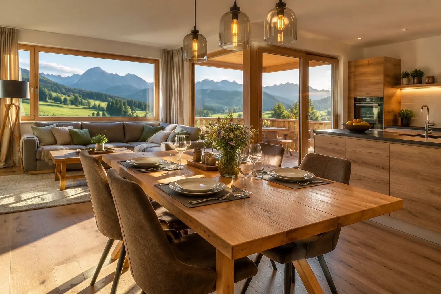Großer Esstisch und offener Wohnbereich einer Ferienwohnung für Familien und Gruppen, durch die Fensterfront Blick auf die Allgäuer Berge