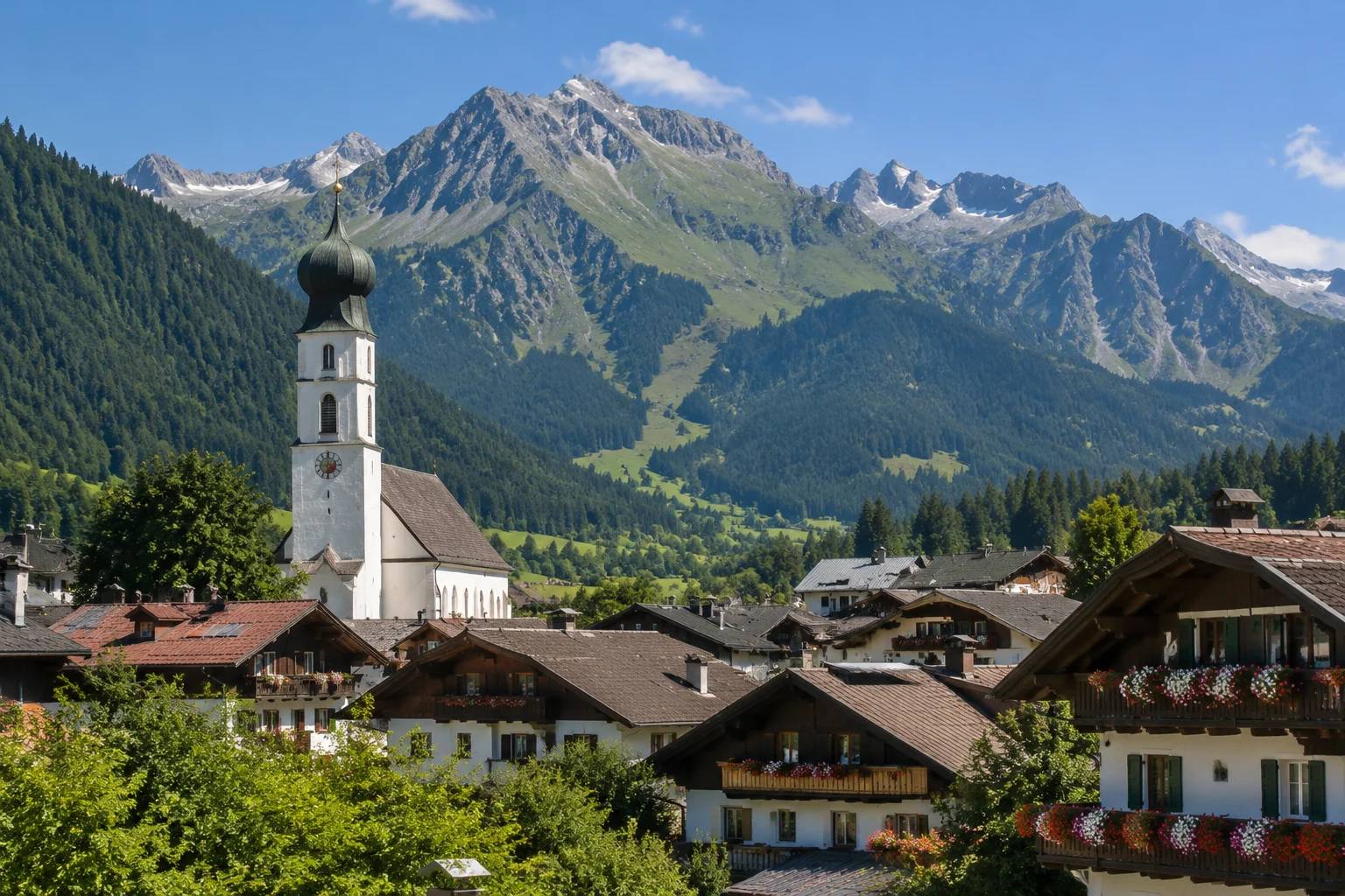 Ortskern von Oberstdorf mit Kirchturm und Holzhäusern, dahinter die Allgäuer Alpen