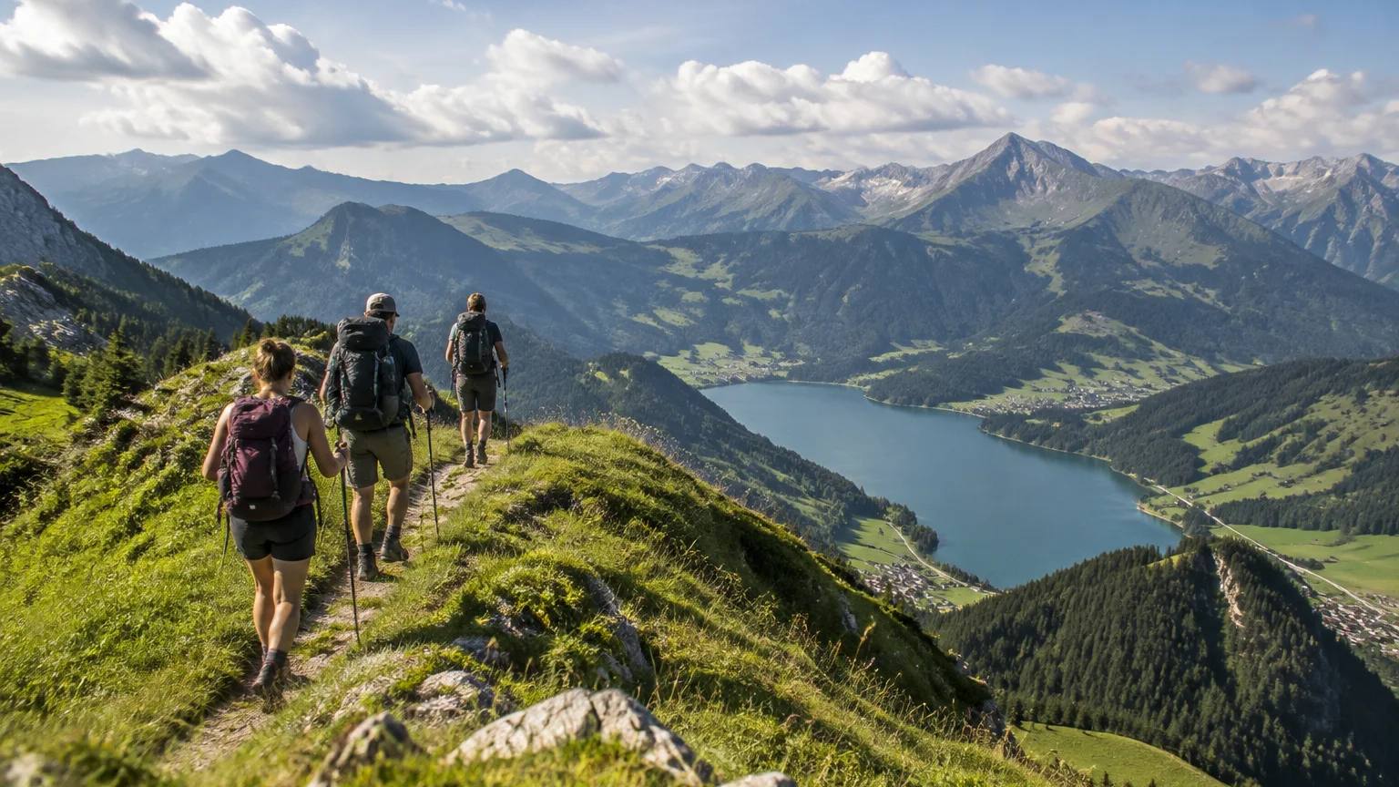 Drei Wanderer auf einem Gratweg im Allgäu, tief unten ein Bergsee zwischen den Gipfeln