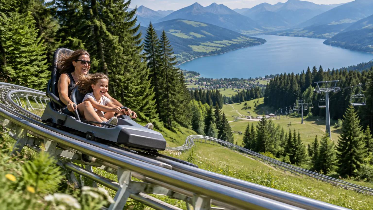 Mutter und Kind fahren mit dem Alpsee Coaster über die Wiese bergab, unten liegt der Große Alpsee zwischen den Bergen