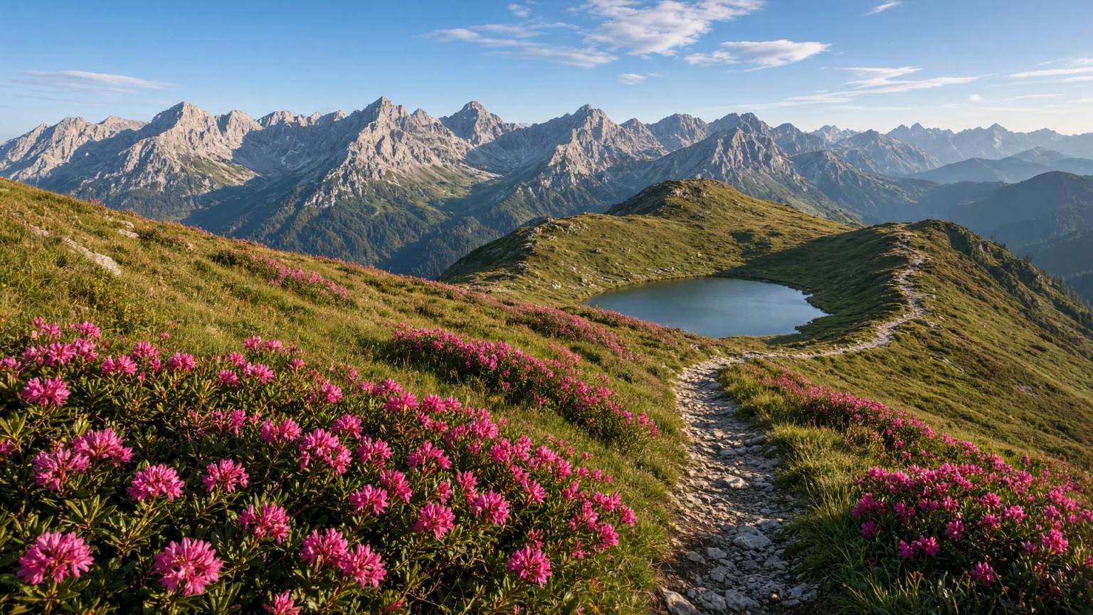 Blühende Alpenrosen an den grünen Hängen des Fellhorns bei Oberstdorf, dahinter die Gipfel der Allgäuer Alpen im Morgenlicht