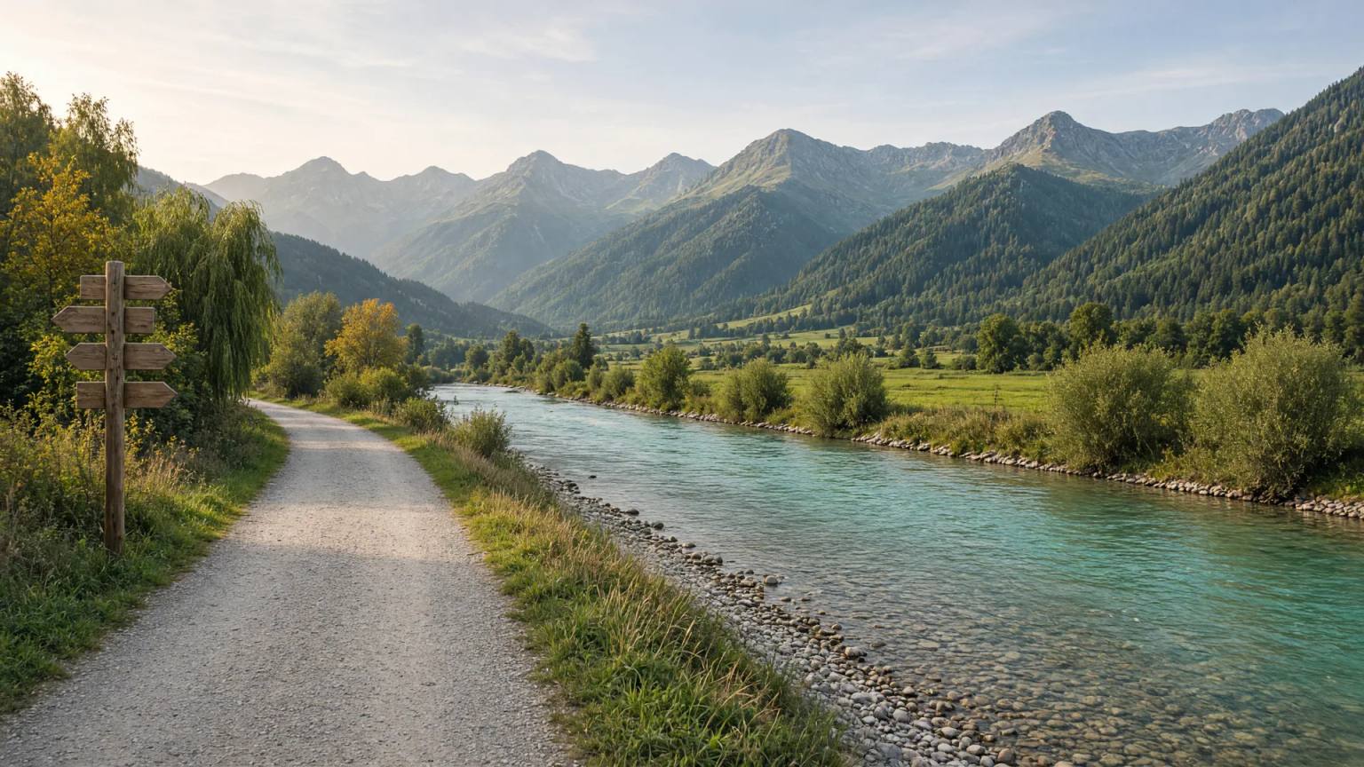 Geschotterter Radweg an der türkisgrünen Iller, links ein hölzerner Wegweiser, dahinter bewaldete Berge im Herbstlicht