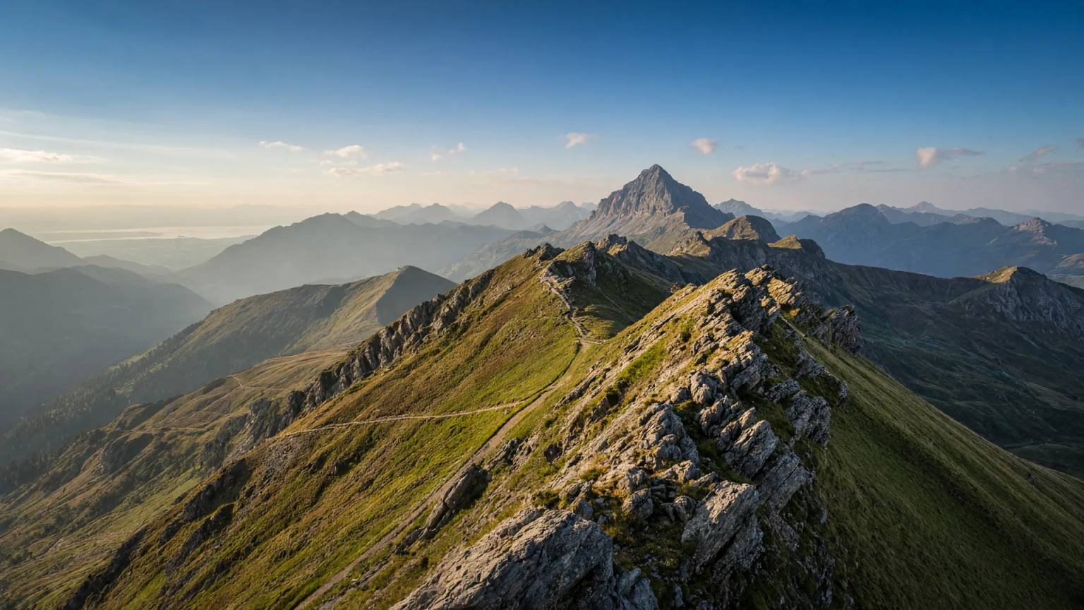 Gratweg auf der Nagelfluhkette im Allgäu mit Blick über die grünen Bergrücken