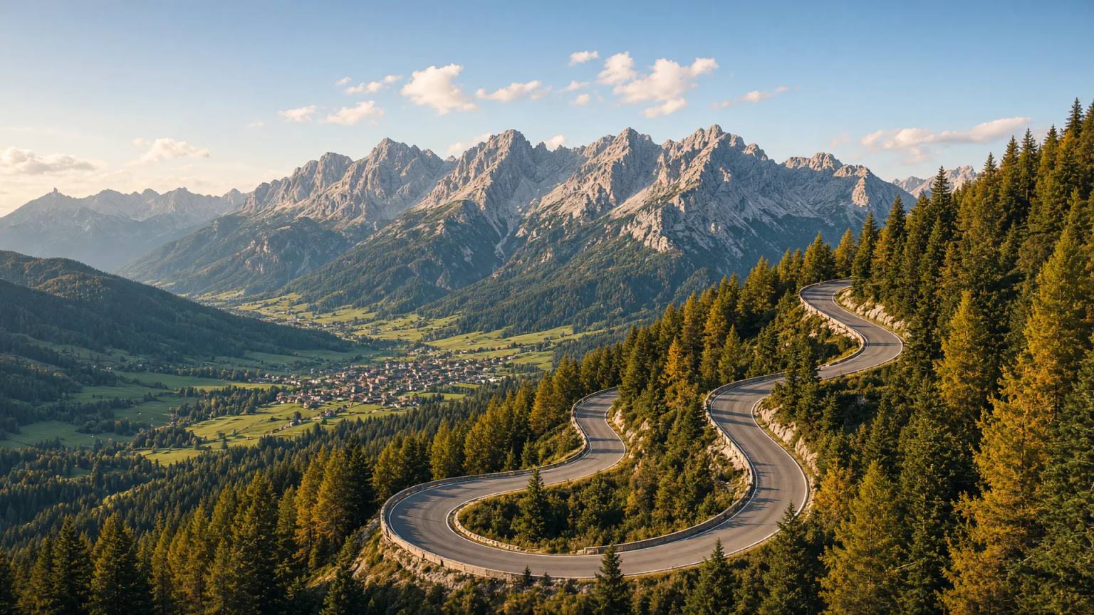 Die Jochstraße windet sich in engen Kehren durch den Bergwald oberhalb von Bad Hindelang, unten das grüne Ostrachtal, dahinter die Allgäuer Alpen im Herbstlicht