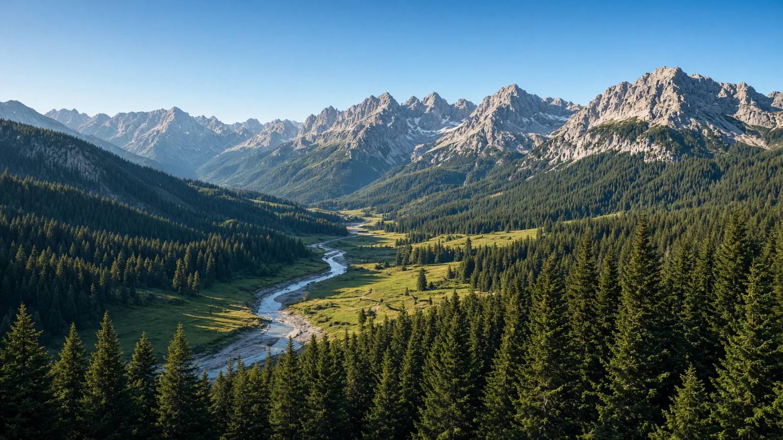 Blick von oben über das bewaldete Stillachtal bei Oberstdorf, dahinter die Gipfel der Allgäuer Alpen im klaren Morgenlicht