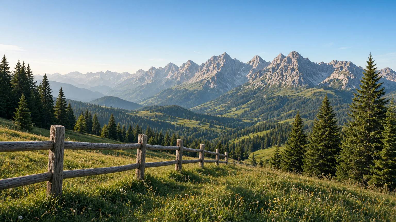 Sonnige Almwiese mit Holzzaun am Söllereck bei Oberstdorf, darunter das grüne Tal und die Gipfel der Allgäuer Alpen unter blauem Himmel