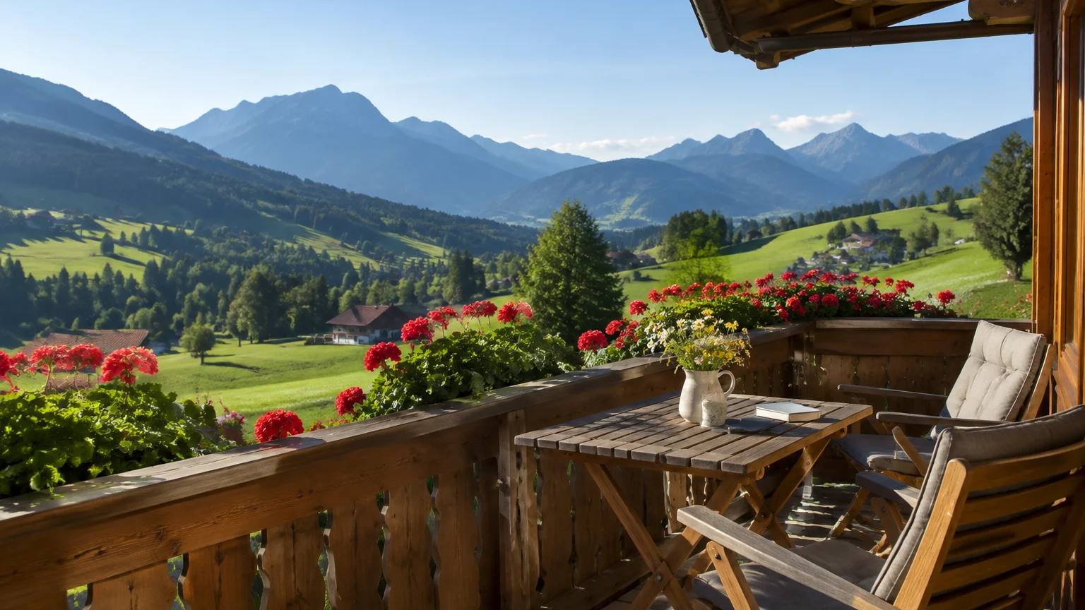 Holzbalkon mit Geranien und Sitzplatz, Blick über grüne Wiesen auf die Allgäuer Berge