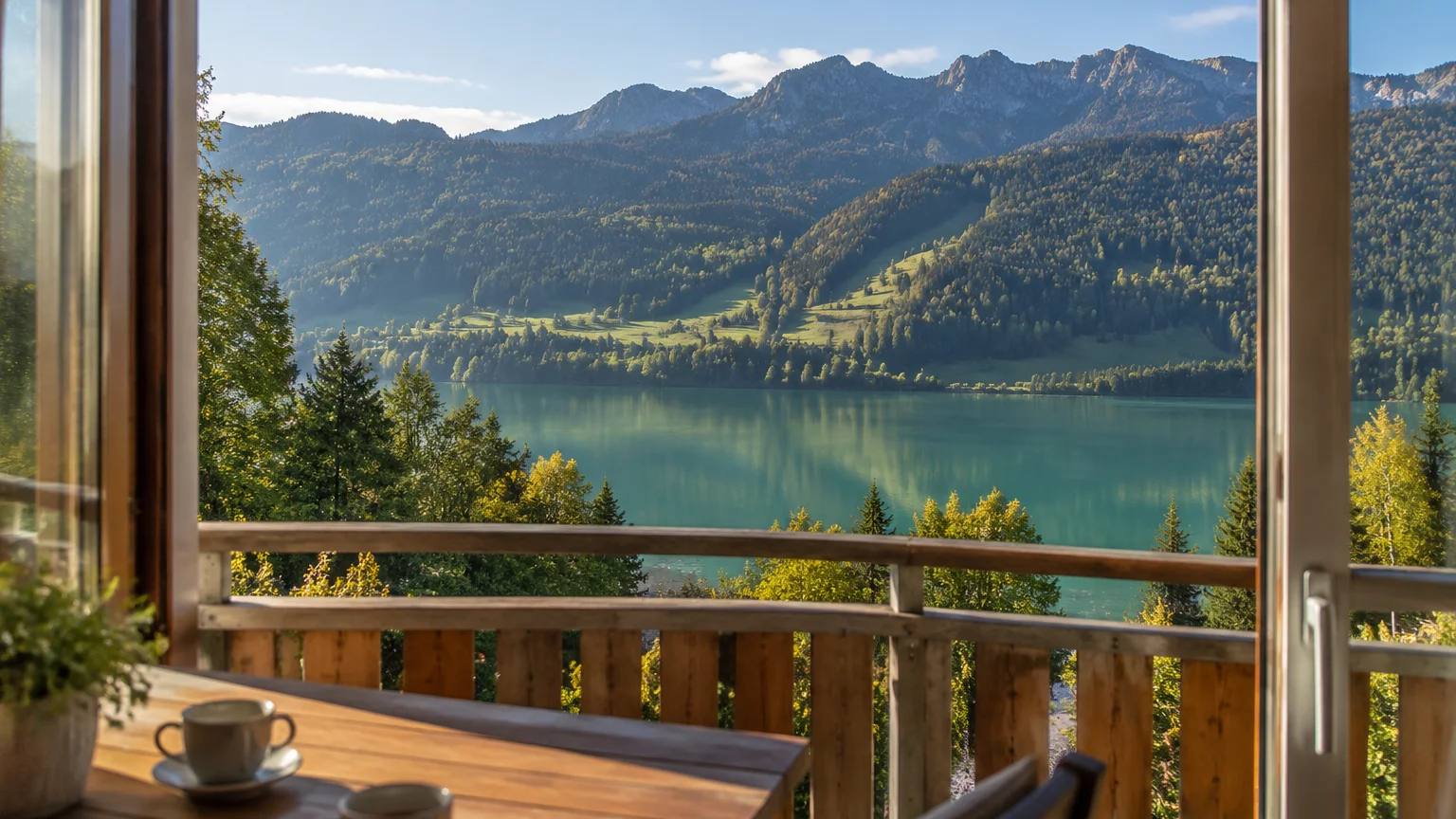 Blick vom Holzbalkon einer Ferienwohnung auf den Großen Alpsee und die bewaldeten Berge