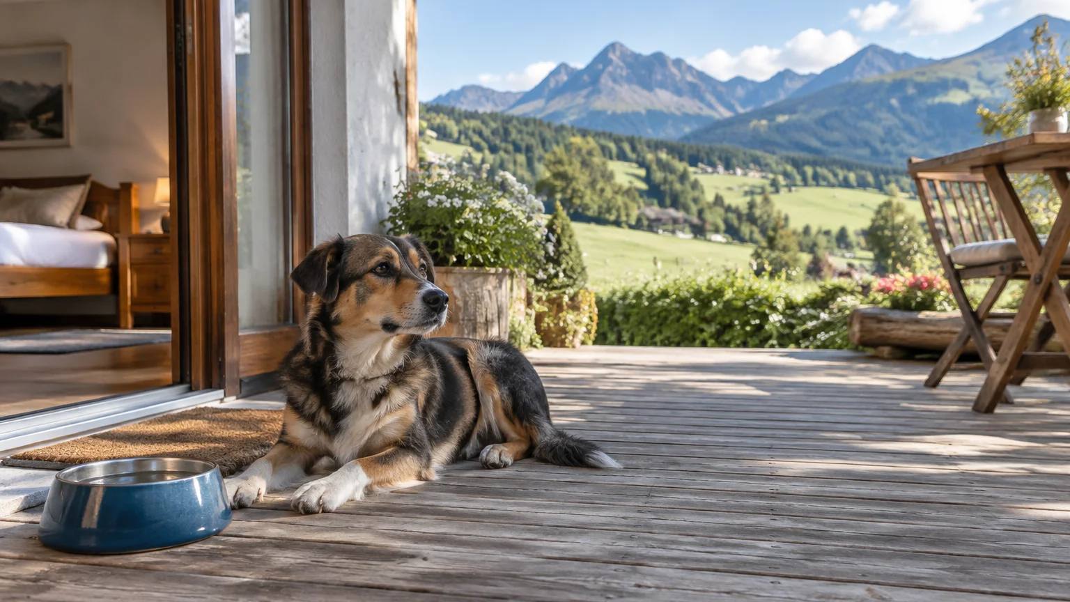 Hund liegt auf der Holzterrasse einer Ferienwohnung im Allgäu neben dem Wassernapf, dahinter Garten und Berge