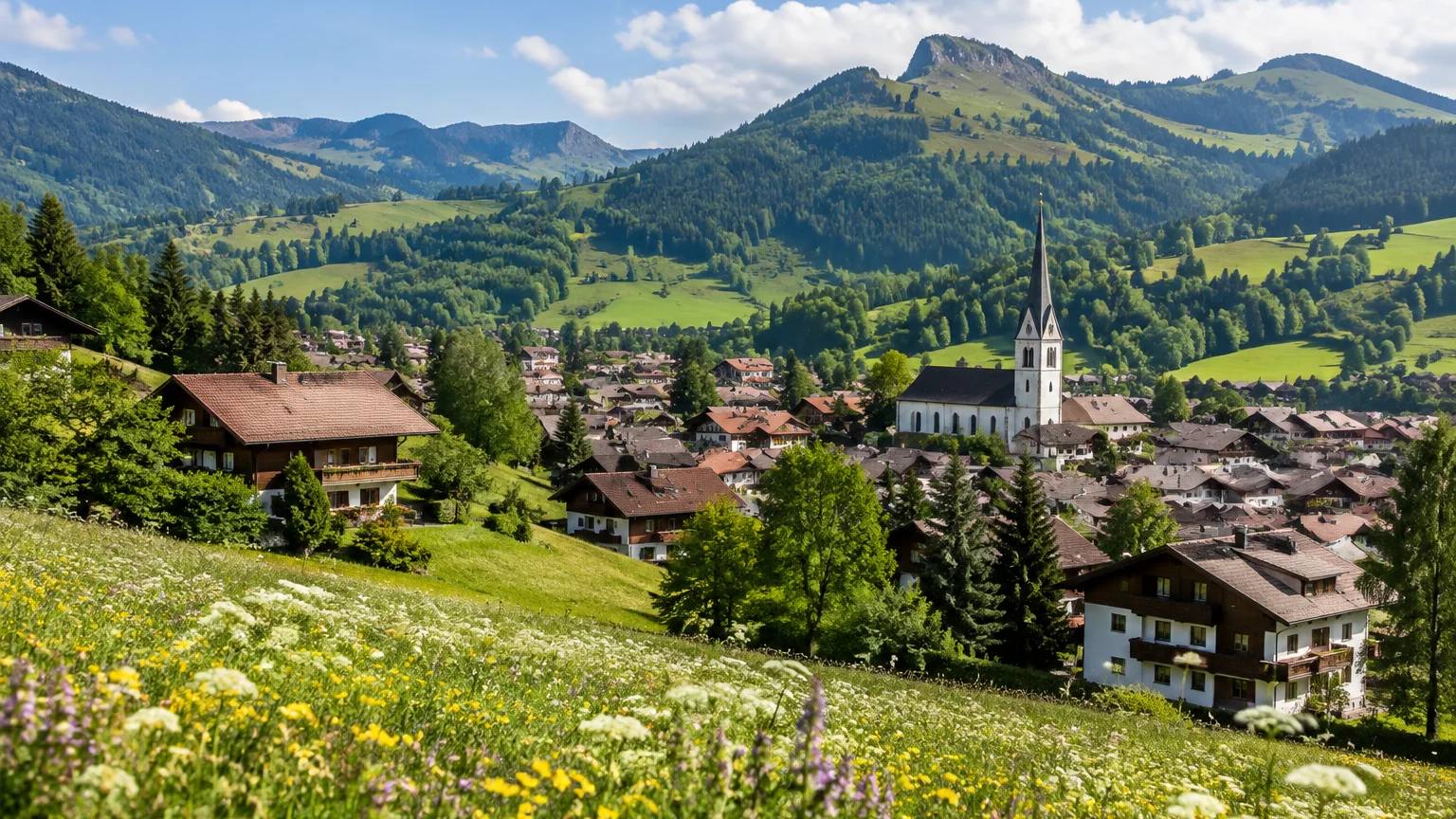 Oberstaufen im Allgäu mit Kirche und Holzhäusern zwischen blühenden Wiesen, dahinter die Berge der Nagelfluhkette