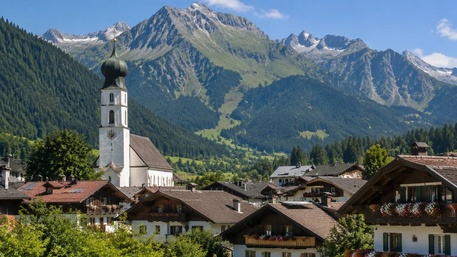 Oberstdorf mit Zwiebelturm und Holzhäusern mit Blumenbalkonen, dahinter die Gipfel der Allgäuer Alpen