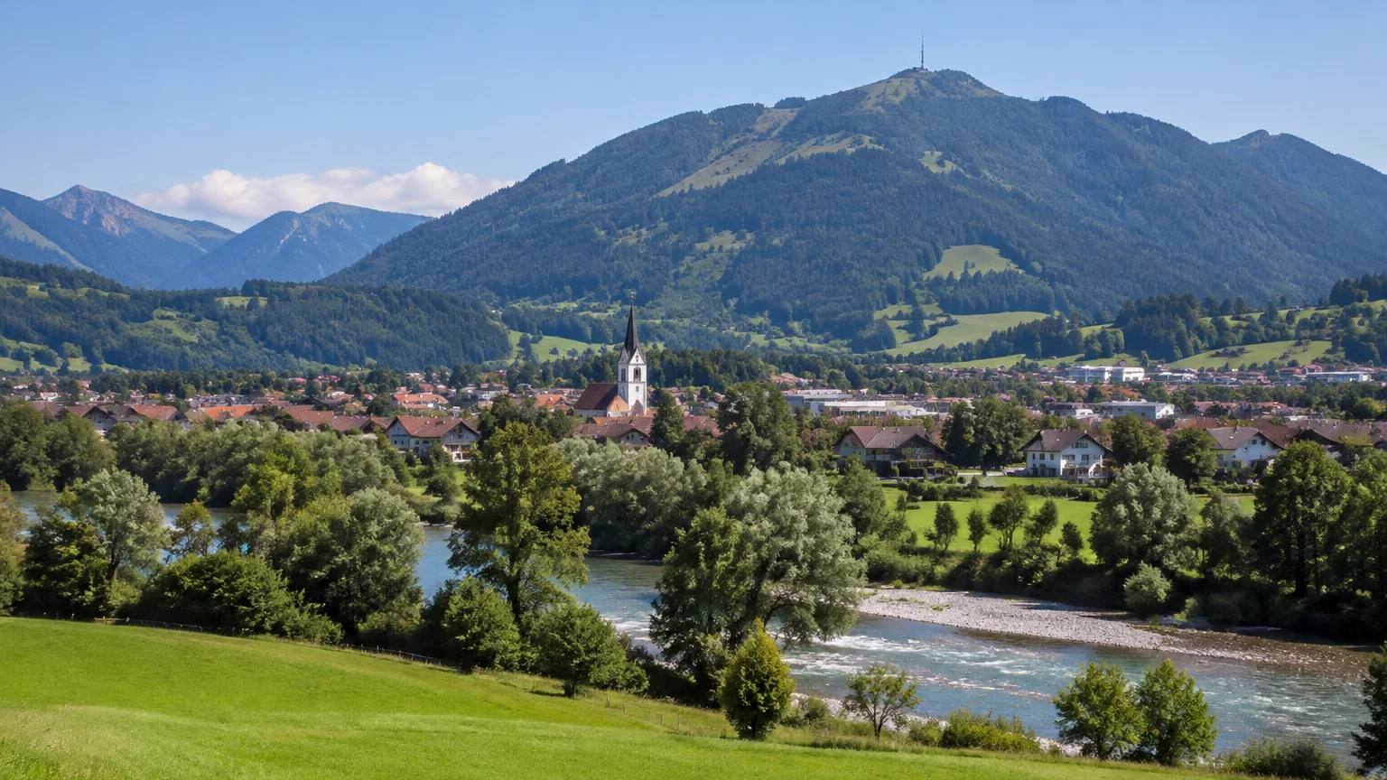 Sonthofen im Oberallgäu mit der Iller im Vordergrund, dahinter der Grünten