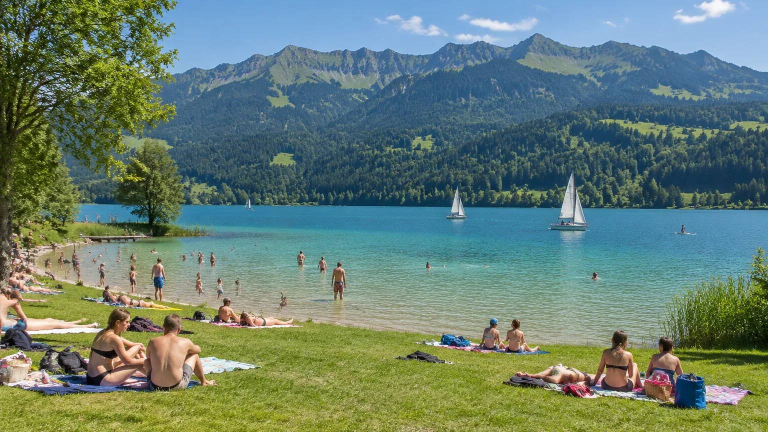 Badewiese am Großen Alpsee bei Immenstadt: Menschen liegen in der Sonne und baden im türkisen Wasser, Segelboote vor den bewaldeten Bergen