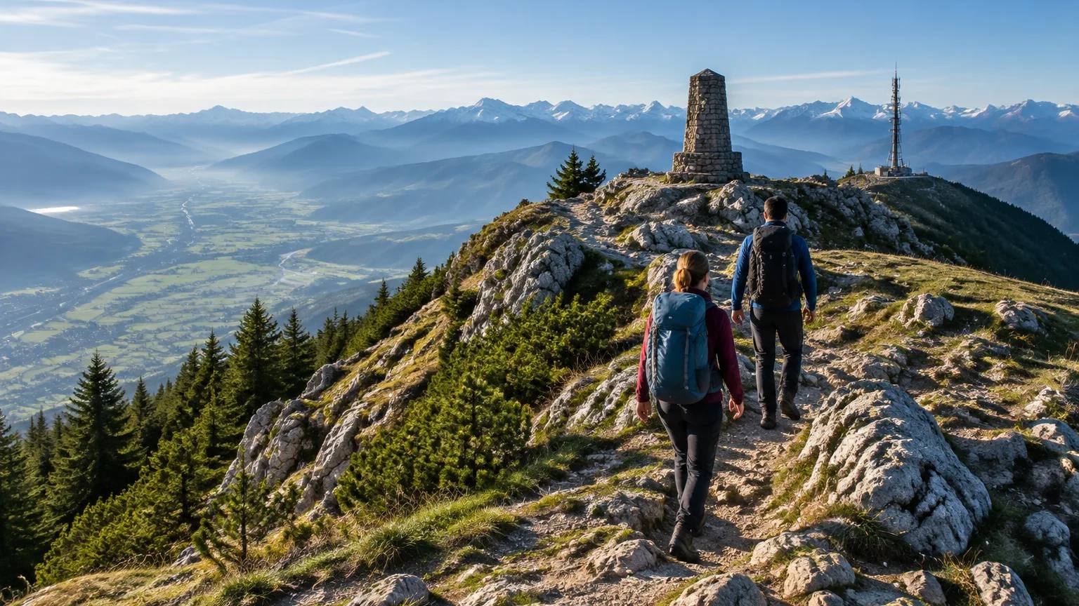 Wanderer auf dem felsigen Gipfelgrat des Grünten mit Denkmal und Sendemast, Blick weit über das Allgäu