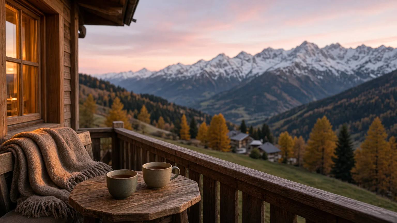 Gemütlicher Holzbalkon im Spätherbst mit Wolldecke und zwei Tassen Tee, Blick über goldene Lärchen auf frisch verschneite Berge im Abendlicht