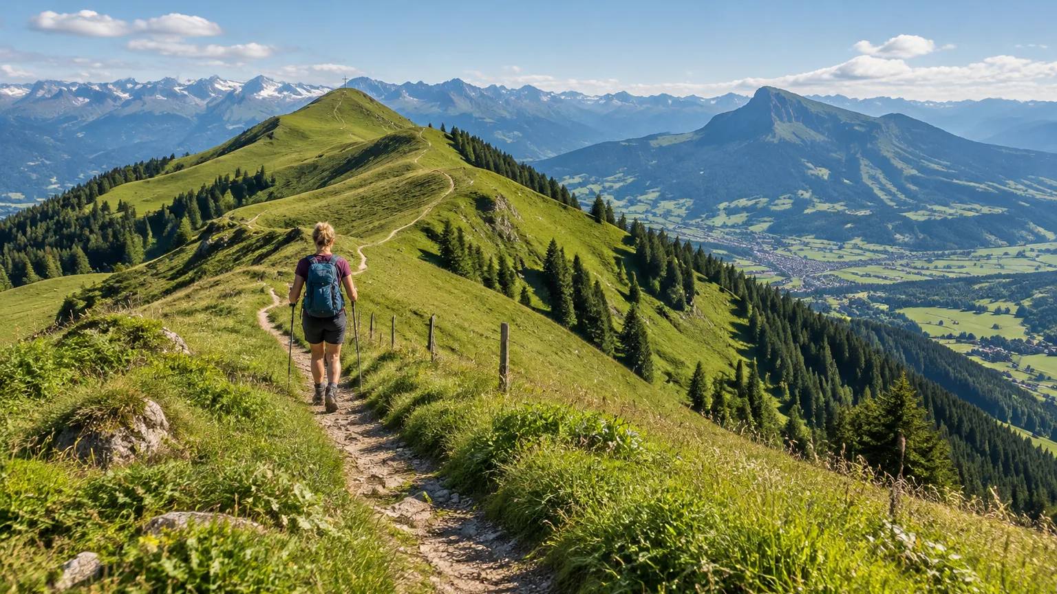Wanderin auf dem Panoramaweg über den grünen Grat der Hörnerkette, rundum Alpwiesen und die Allgäuer Alpen