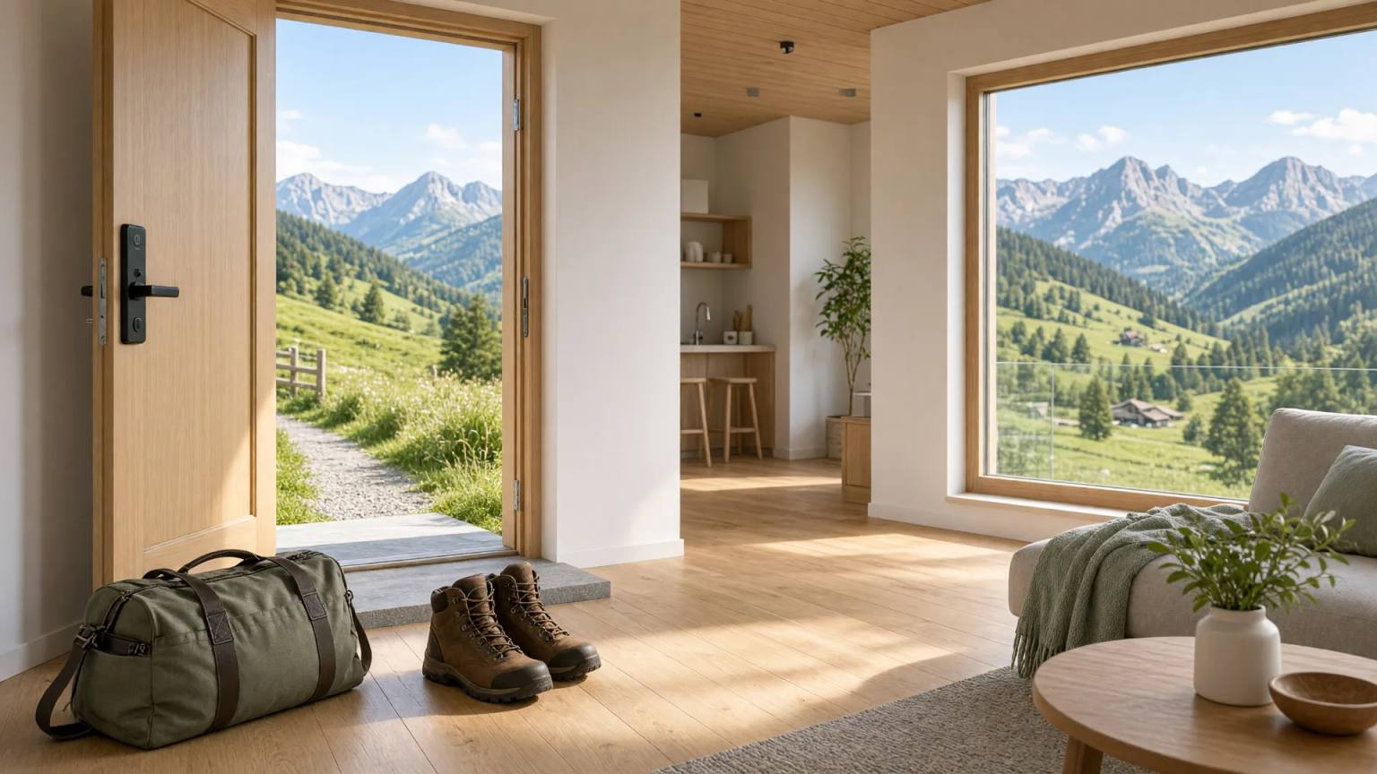 Gepackte Reisetasche und Wanderschuhe an der offenen Tür einer hellen Ferienwohnung mit Code-Türschloss, draußen grüne Wiesen und Berge
