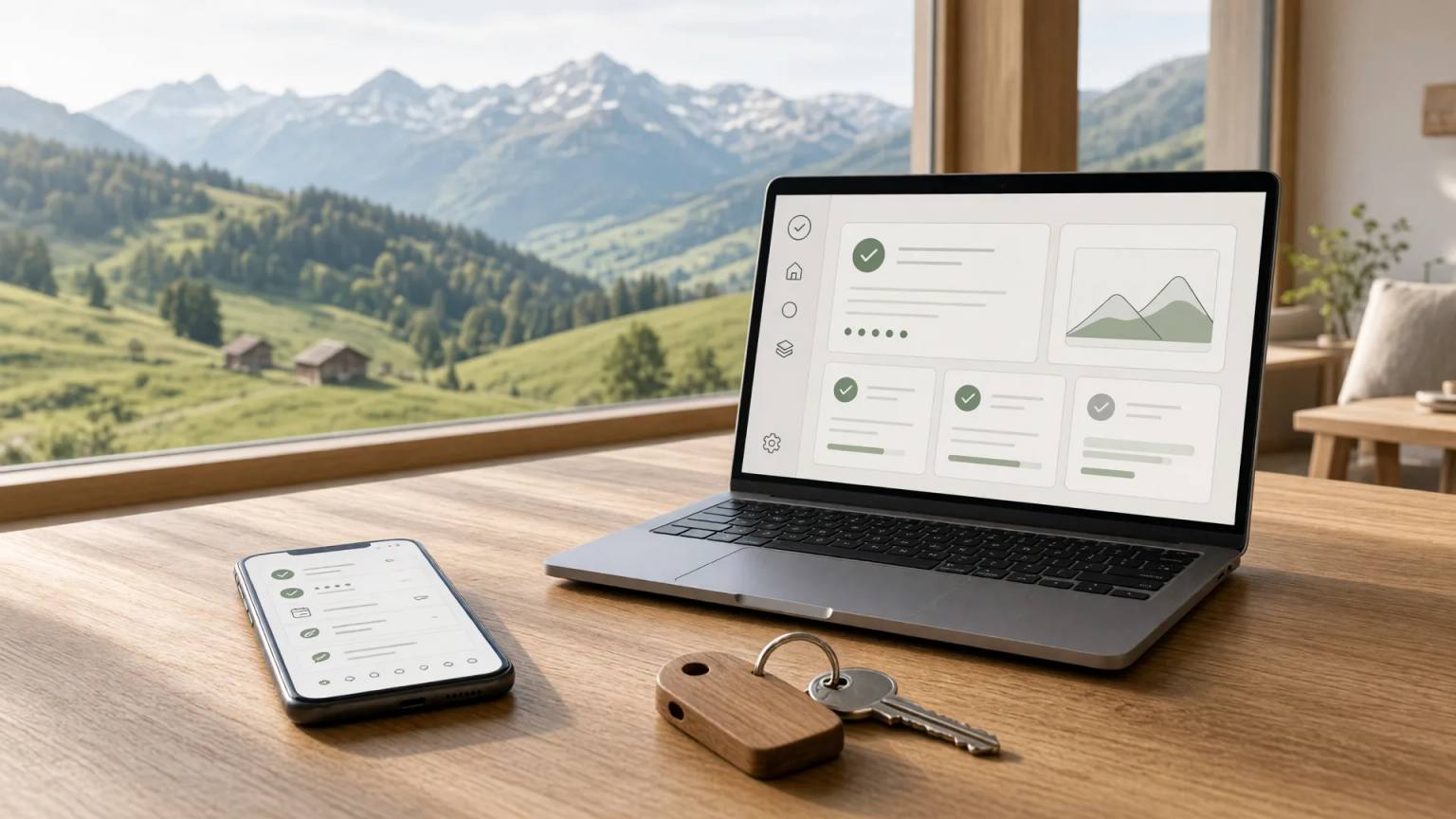 Laptop und Smartphone mit einer aufgeräumten Übersicht auf einem Holztisch in einer Ferienwohnung, daneben ein Schlüssel, durchs Fenster Wiesen und Berge