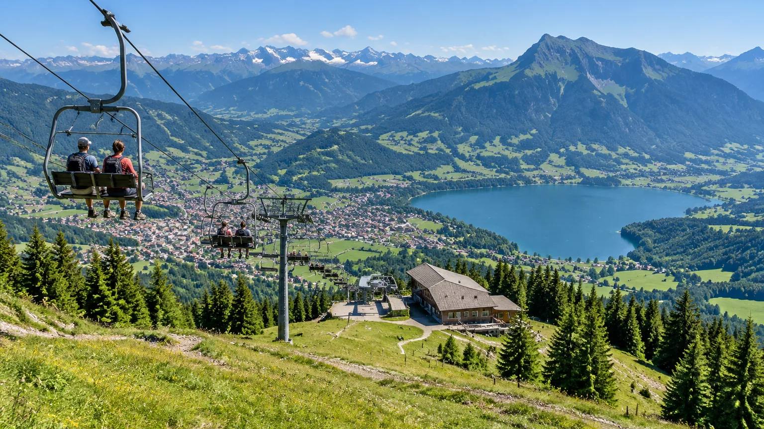 Sesselbahn am Mittag über Immenstadt, unten der Große Alpsee und die Stadt, dahinter der Grünten und die Allgäuer Alpen