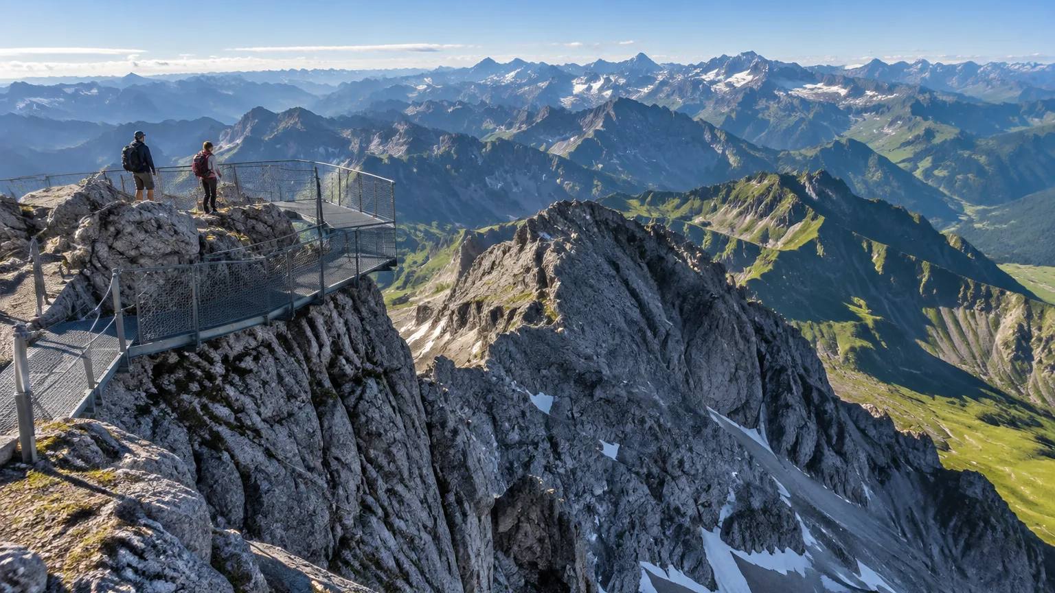 Aussichtsplattform am Nebelhorn bei Oberstdorf mit Blick auf das Gipfelmeer der Allgäuer Alpen