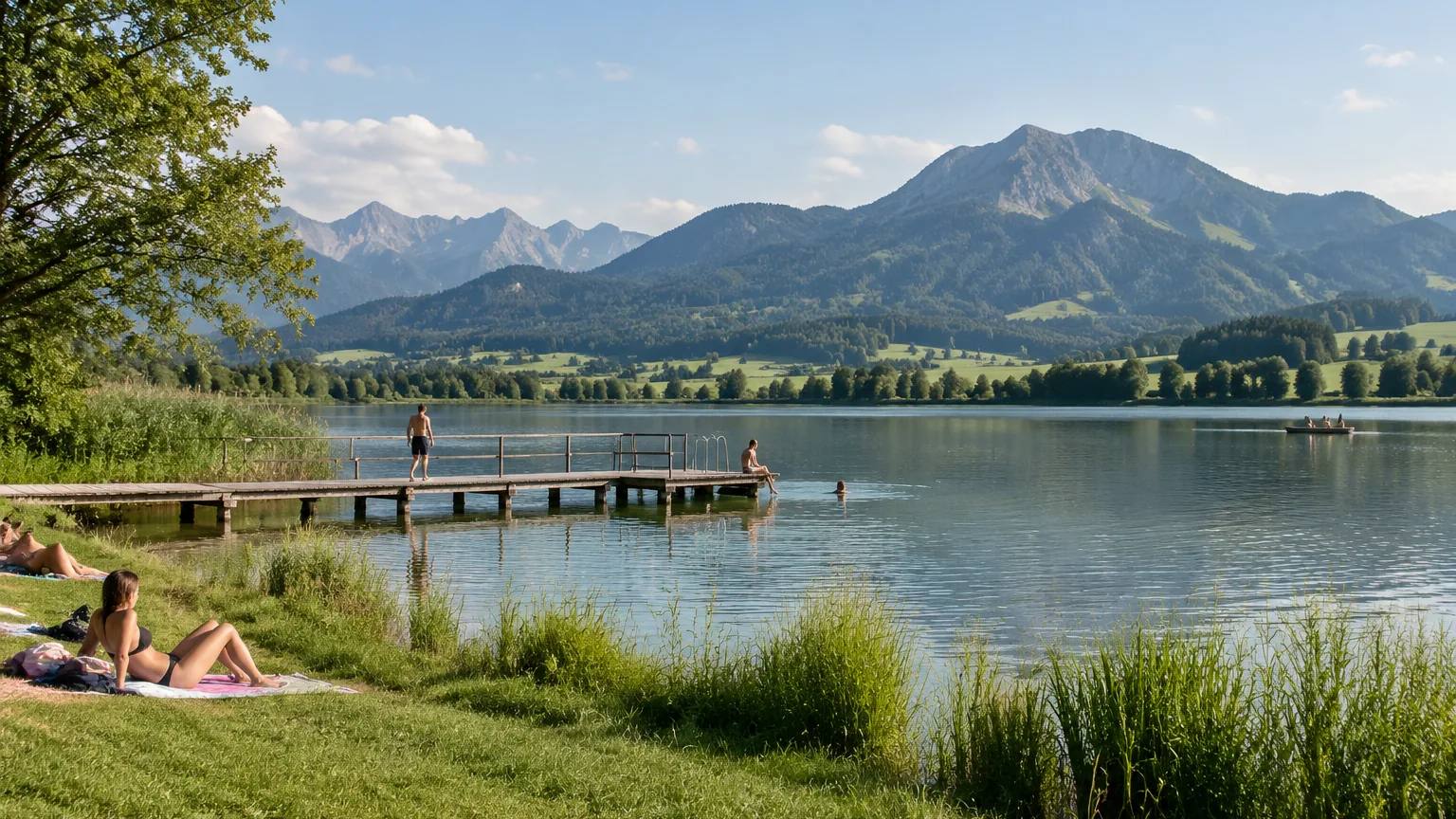 Niedersonthofener See mit Badesteg und Liegewiese, Badegäste am Ufer, dahinter der Grünten