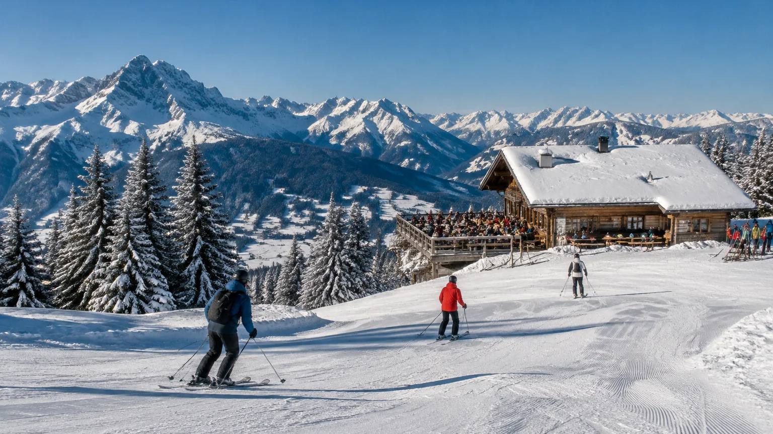 Skifahrer auf einer sonnigen Piste im Allgäu, dahinter eine verschneite Berghütte und die Allgäuer Alpen