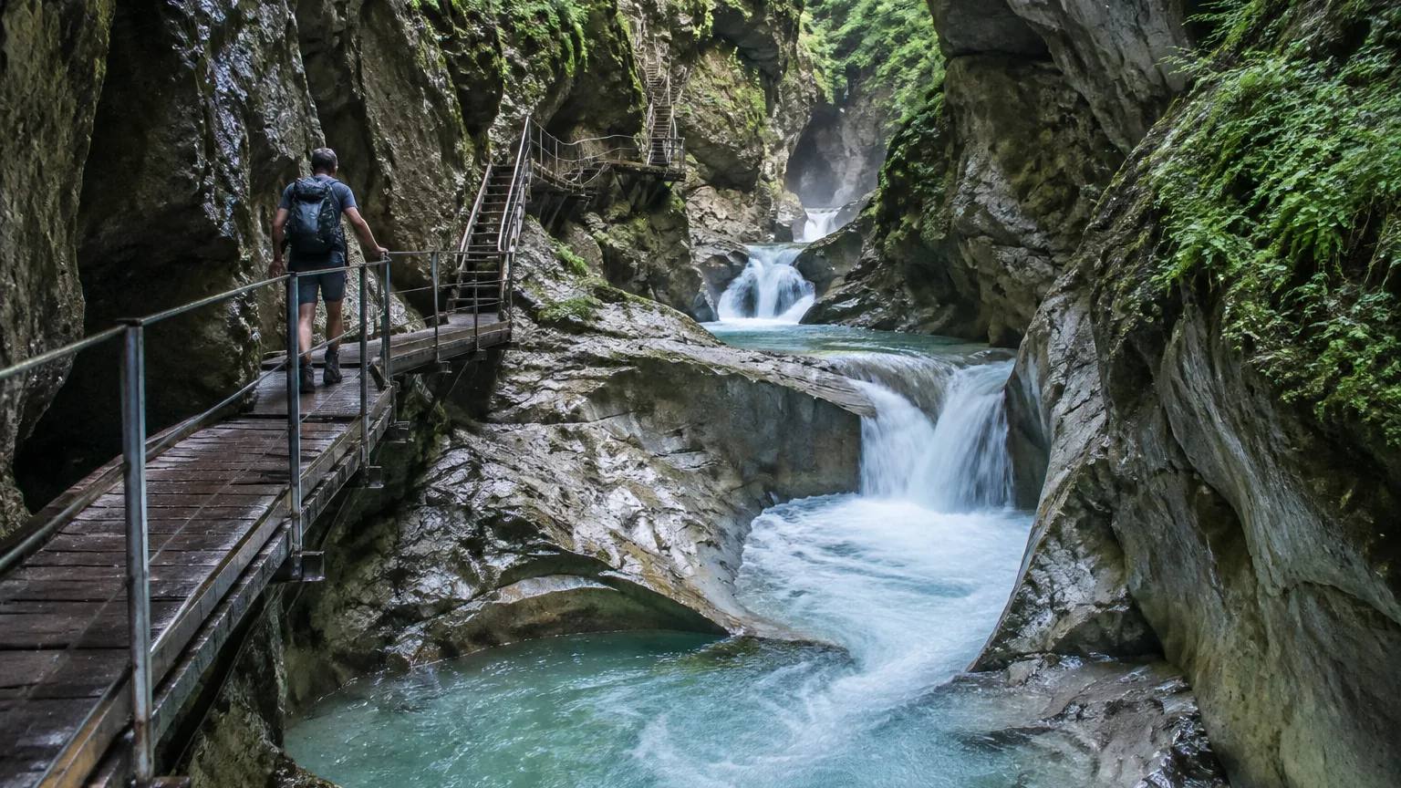 Wanderer auf dem Holzsteg der Starzlachklamm bei Sonthofen, darunter stürzt türkisfarbenes Wasser zwischen moosigen Felswänden