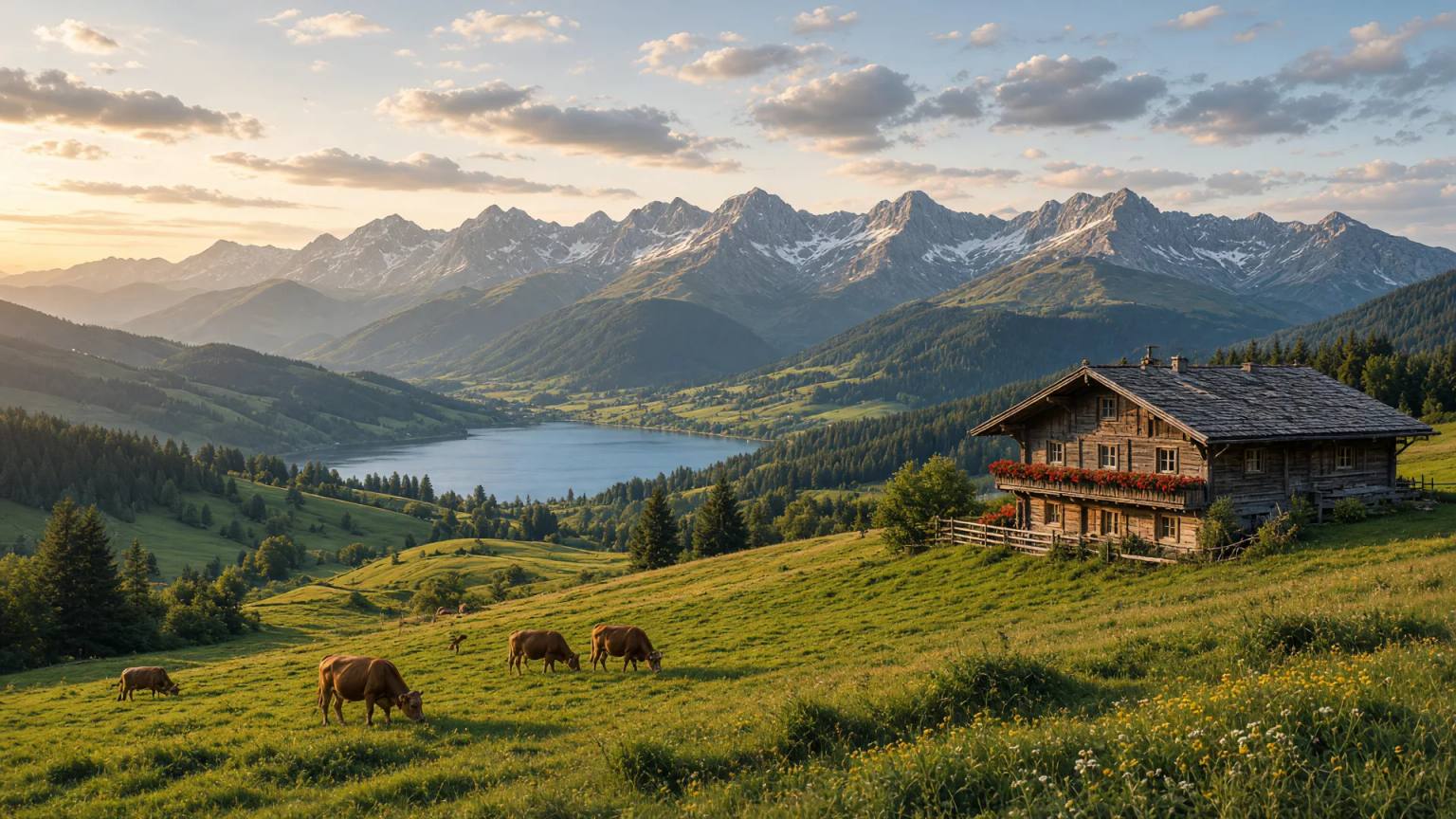 Sommerabend im Oberallgäu: grüne Wiesen mit Allgäuer Braunvieh, ein Holzhaus mit Blumenkästen, ein See im Tal und dahinter die Allgäuer Alpen