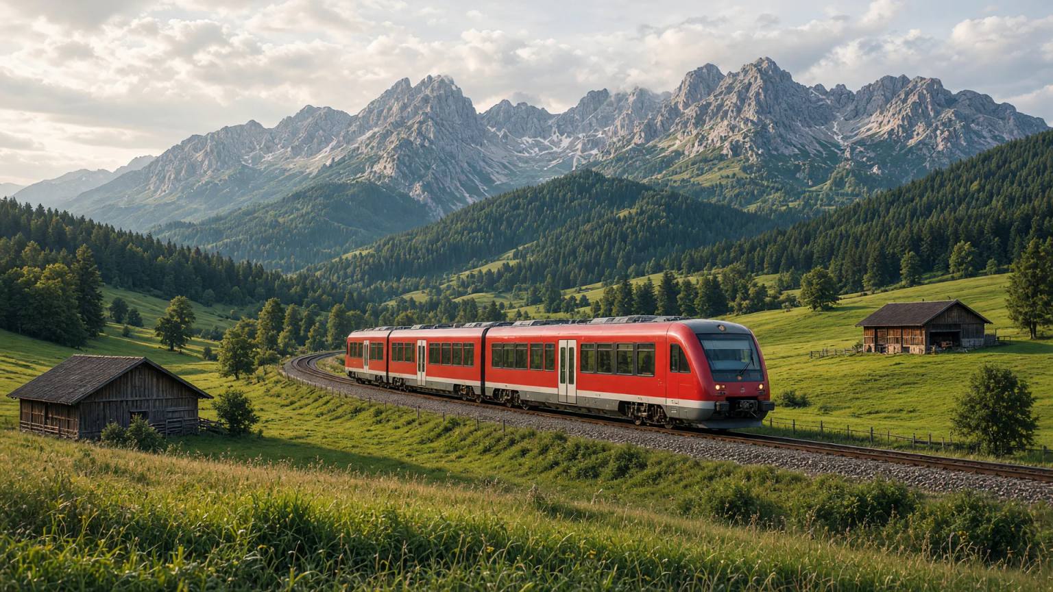 Roter Regionalzug fährt durch ein grünes Tal mit Heustadeln, dahinter Wald und Berge