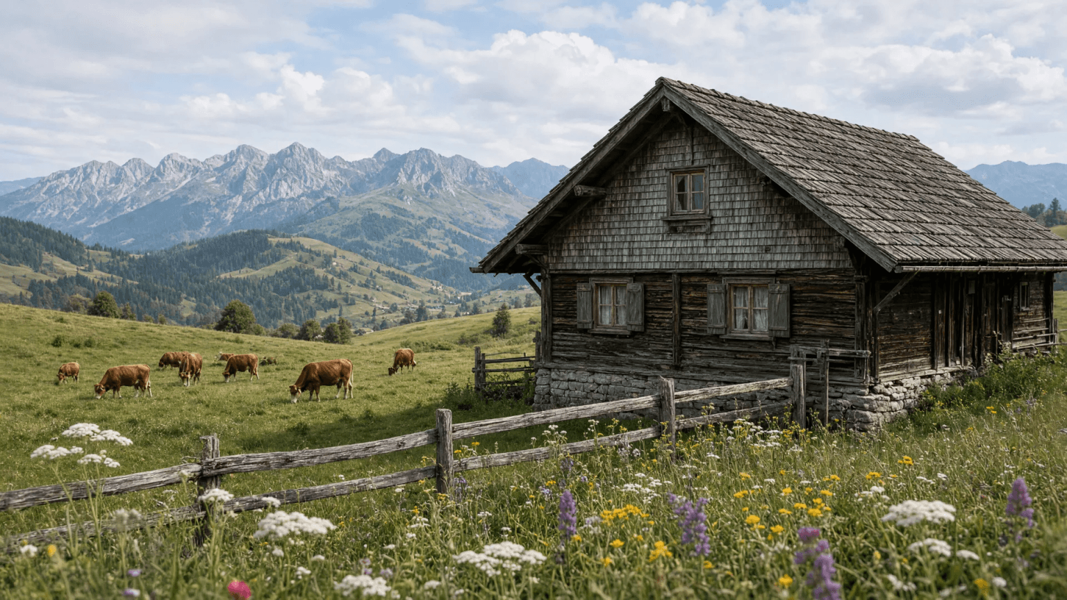 Historischer Allgäuer Bauernhof mit Holzschindeln am Hang in Diepolz, davor grüne Wiesen, im Hintergrund die Allgäuer Alpen