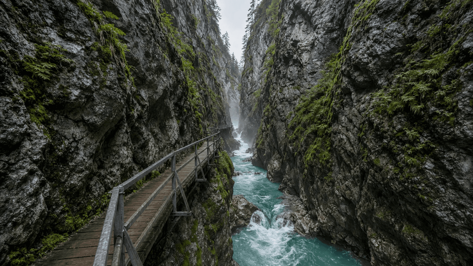 Holzsteg an der Felswand der Breitachklamm bei Oberstdorf, tief unten rauscht das grüne Wasser der Breitach zwischen moosigen Felsen
