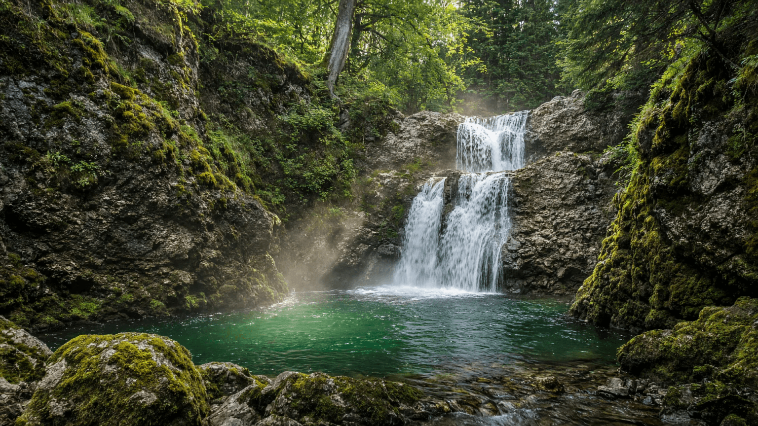 Die Buchenegger Wasserfälle bei Oberstaufen: Die Weißach stürzt über zwei Stufen aus Nagelfluhfels in ein grünes Becken, umgeben von dichtem Wald