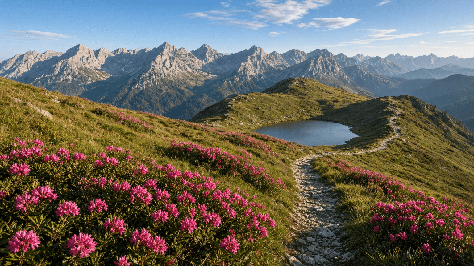 Blühende Alpenrosen an den grünen Hängen des Fellhorns bei Oberstdorf, dahinter die Gipfel der Allgäuer Alpen im Morgenlicht