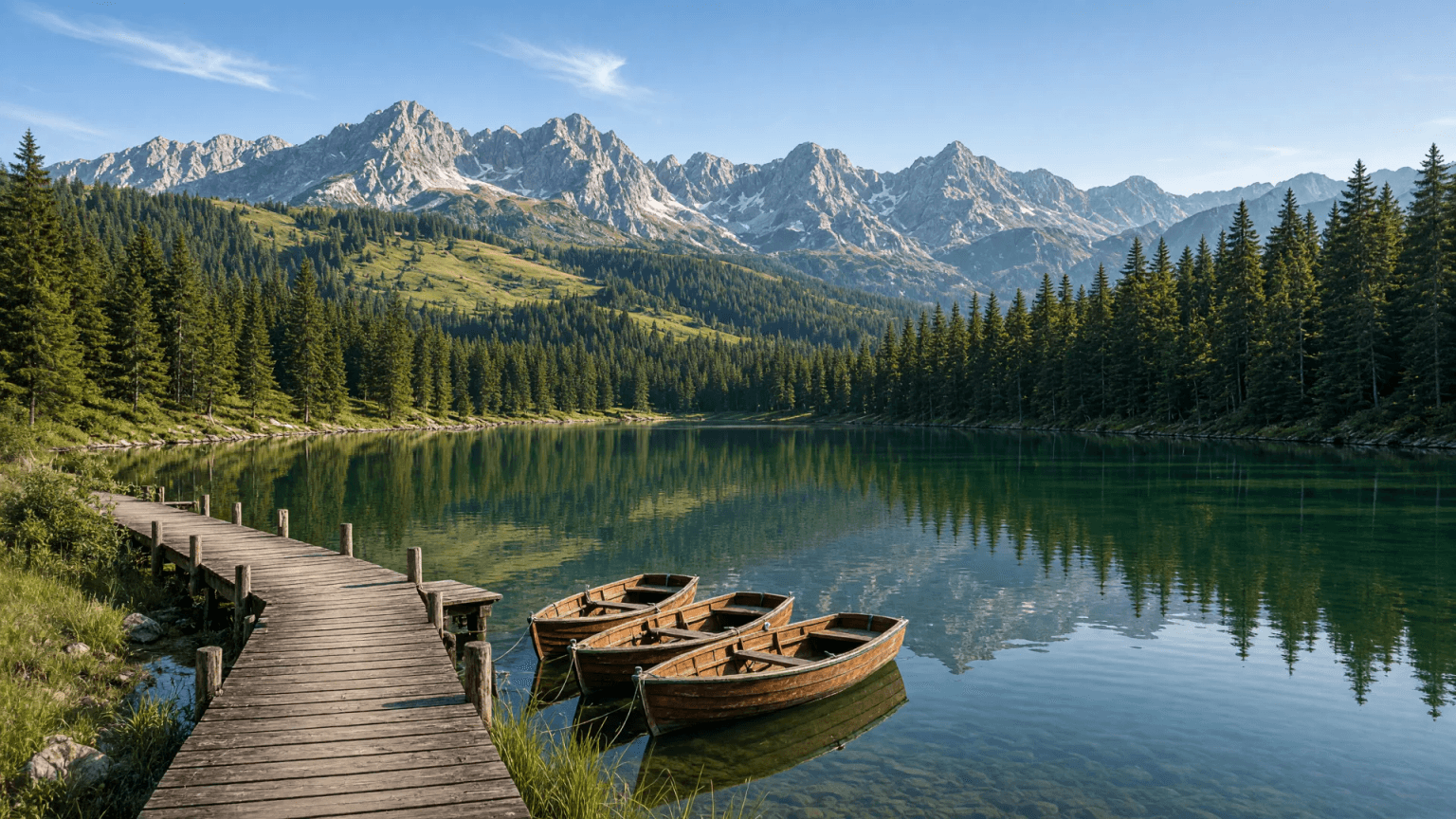 Der Freibergsee bei Oberstdorf an einem Sommermorgen: grünblaues Wasser, ein hölzerner Badesteg und Ruderboote am Ufer, rundum dichter Bergwald und dahinter die Allgäuer Alpen