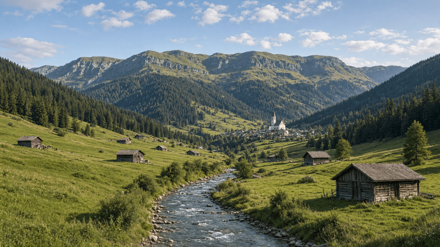 Blick ins Gunzesrieder Tal: grüne Alpwiesen mit verstreuten Heustadeln, der Bach im Talgrund und dahinter die bewaldeten Hänge der Nagelfluhkette
