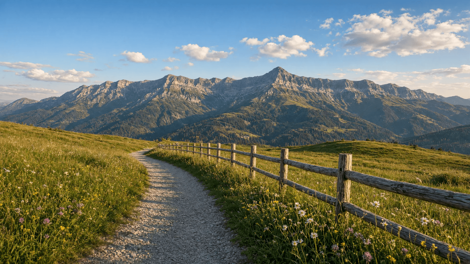 Sanfte grüne Almwiesen am Imberg bei Oberstaufen mit Holzzaun und Wanderweg, dahinter die Nagelfluhkette mit dem Hochgrat im Spätsommerlicht