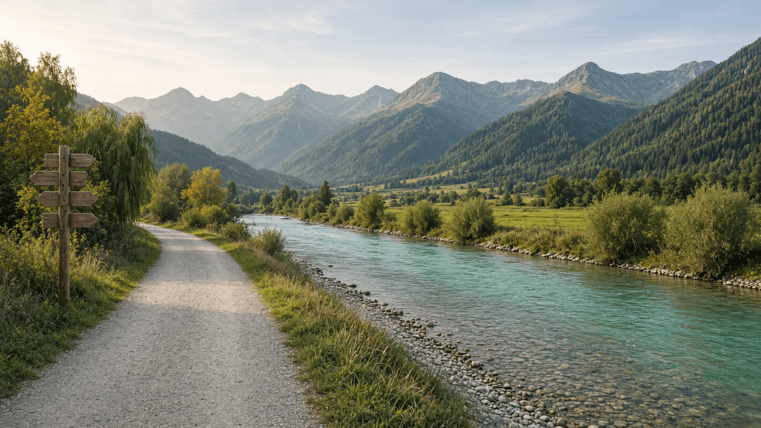 Geschotterter Radweg an der türkisgrünen Iller, links ein hölzerner Wegweiser, dahinter bewaldete Berge im Herbstlicht