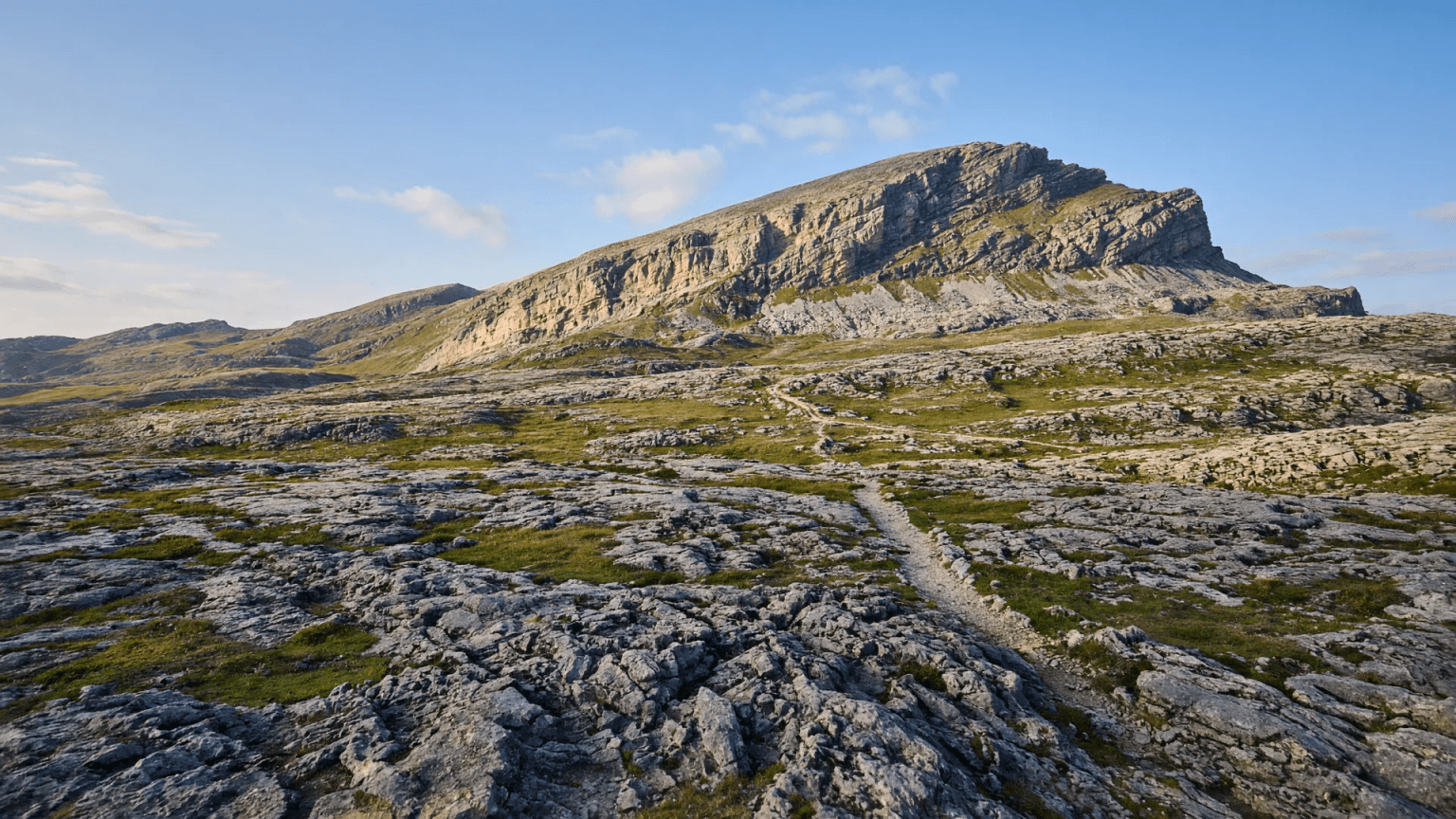 Zerklüftete Karstfelsen und grüne Mulden auf dem Gottesackerplateau im Kleinwalsertal, dahinter die schräg aufragende Felsplatte des Hohen Ifen im Spätsommerlicht