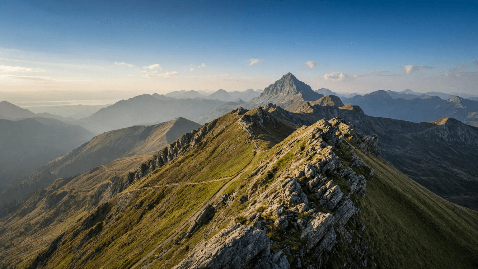 Grasiger Grat der Nagelfluhkette mit schräg gestellten Nagelfluh-Felsrippen, Blick vom Rindalphorn zum Hochgrat, im Hintergrund die Allgäuer Alpen