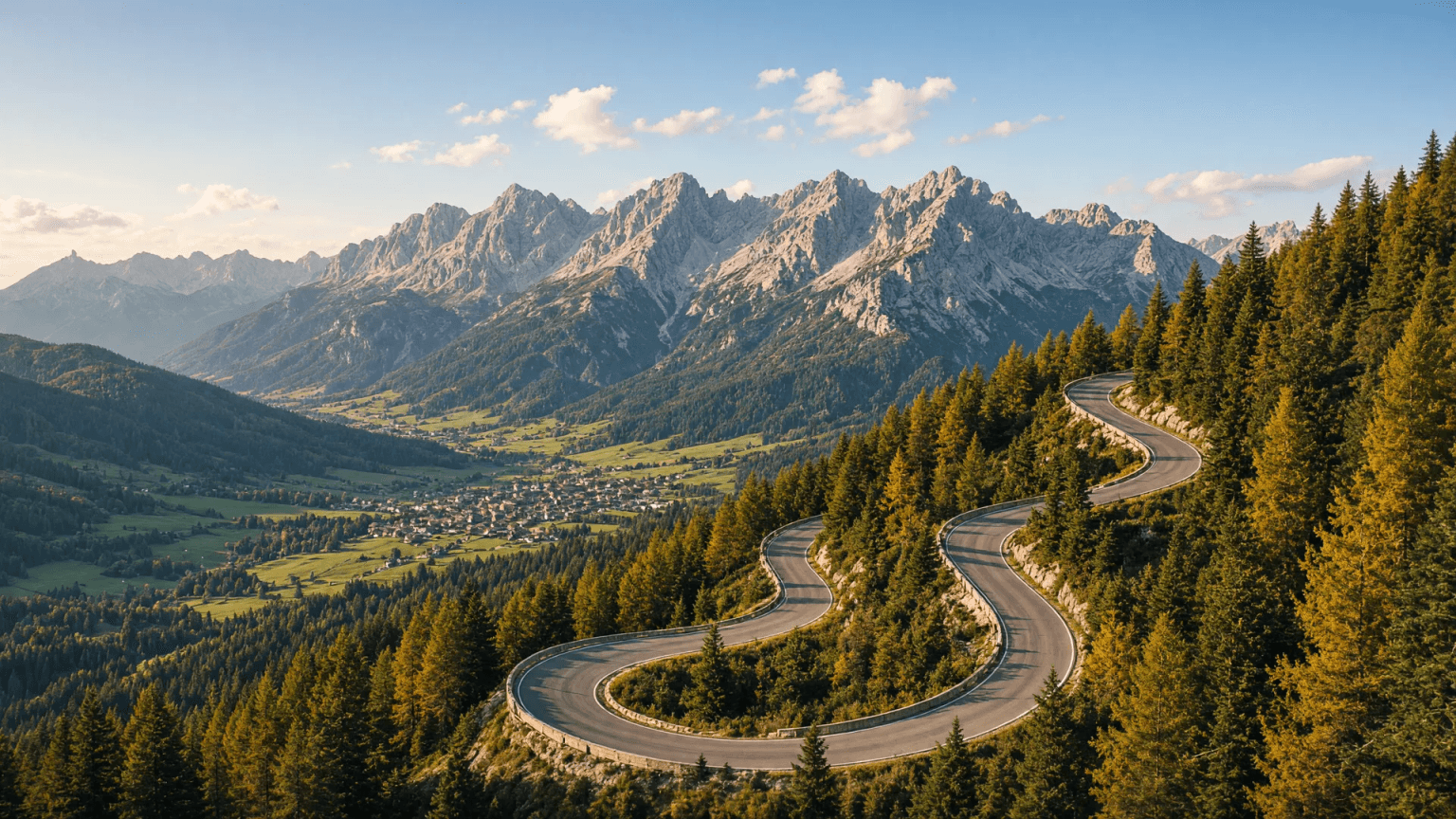 Die Jochstraße windet sich in engen Kehren durch den Bergwald oberhalb von Bad Hindelang, unten das grüne Ostrachtal, dahinter die Allgäuer Alpen im Herbstlicht