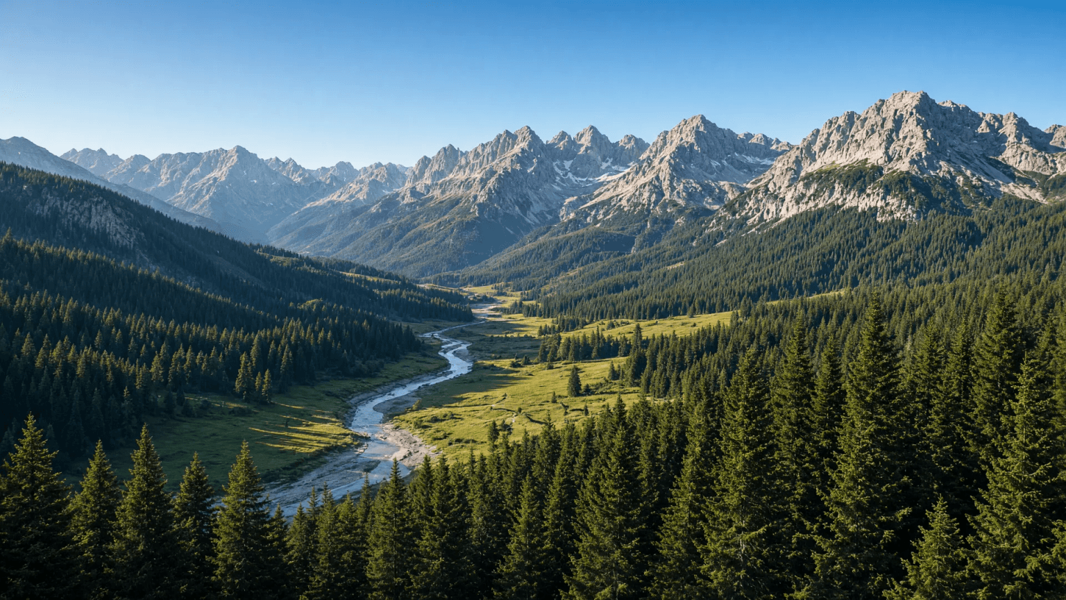 Blick von oben über das bewaldete Stillachtal bei Oberstdorf, dahinter die Gipfel der Allgäuer Alpen im klaren Morgenlicht
