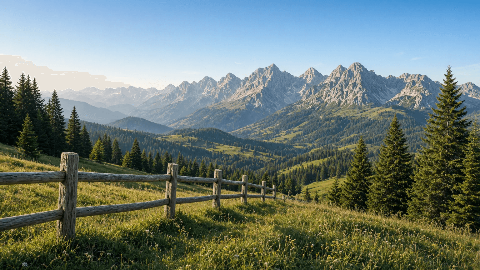 Sonnige Almwiese mit Holzzaun am Söllereck bei Oberstdorf, darunter das grüne Tal und die Gipfel der Allgäuer Alpen unter blauem Himmel