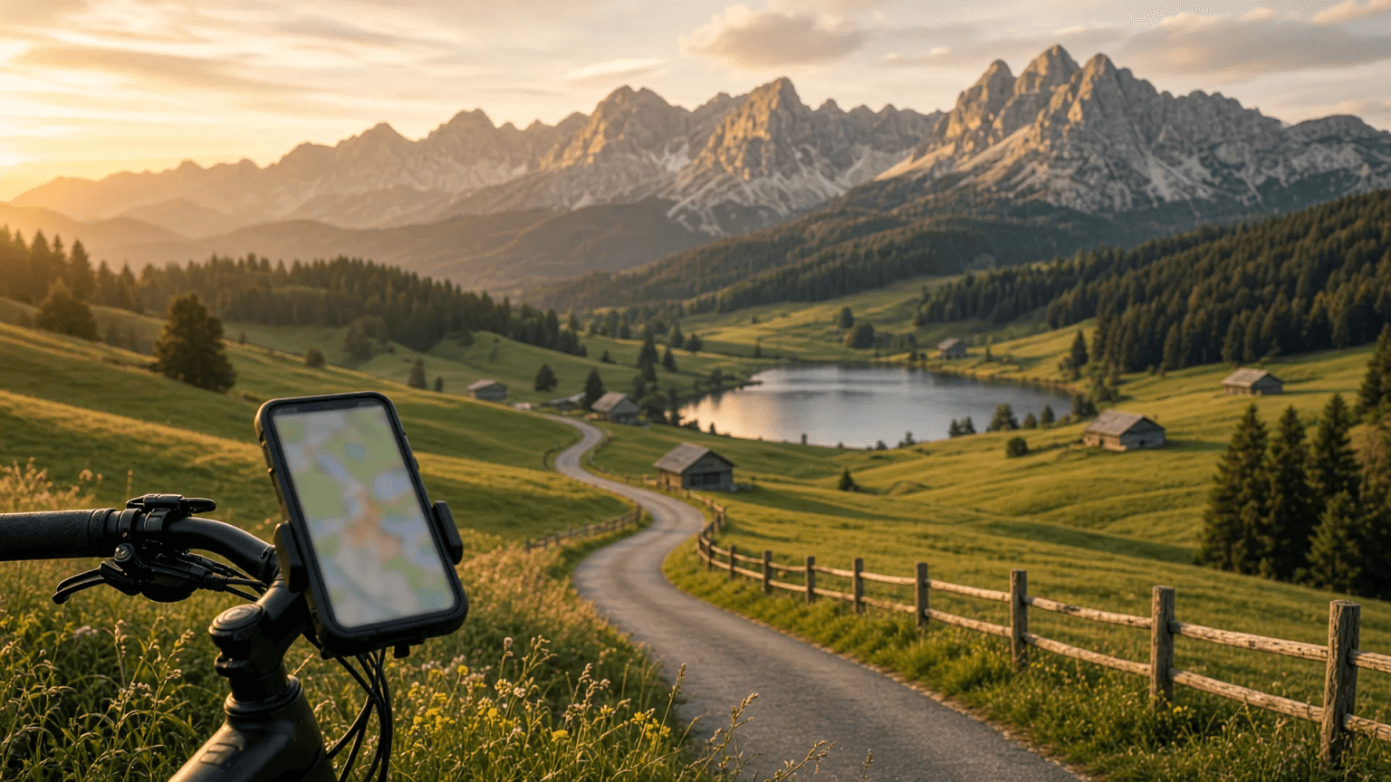 Lenker eines E-Bikes mit Handy-Halterung, davor ein schmaler Weg durch Wiesen zu einem kleinen See, dahinter die Allgäuer Alpen im Abendlicht