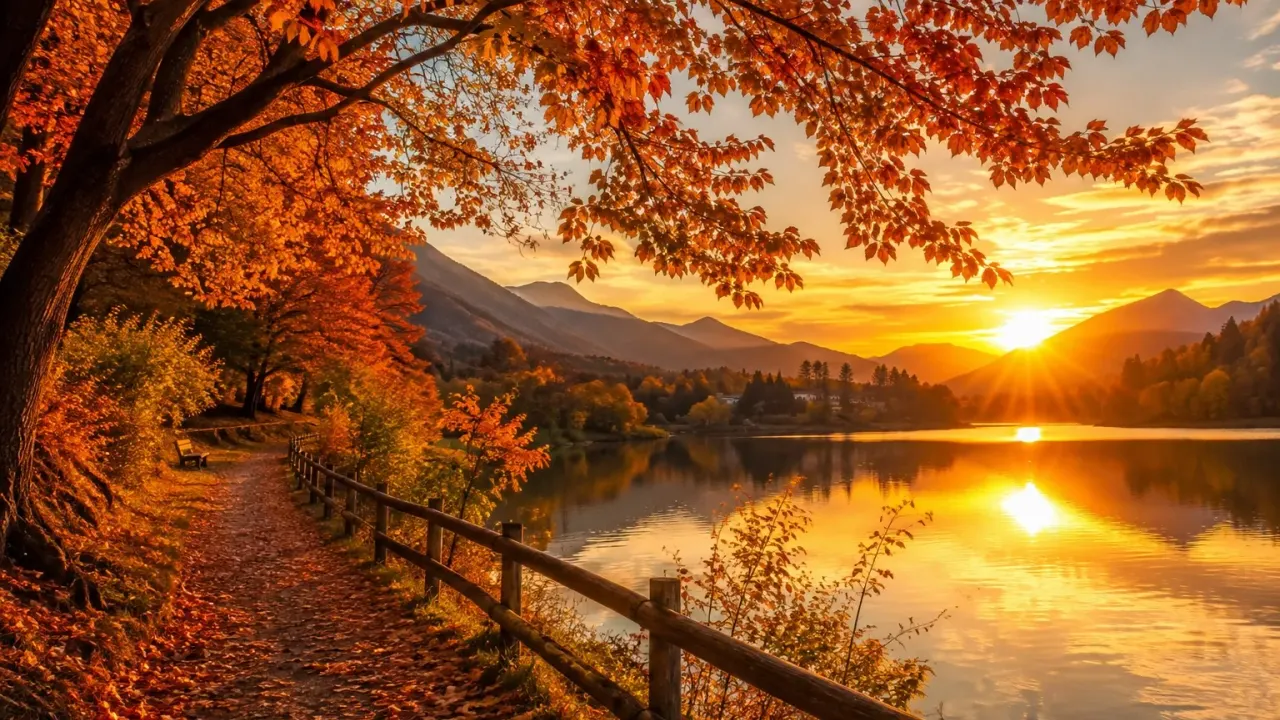 Herbstlicher Uferweg an einem Bergsee im goldenen Sonnenuntergangslicht