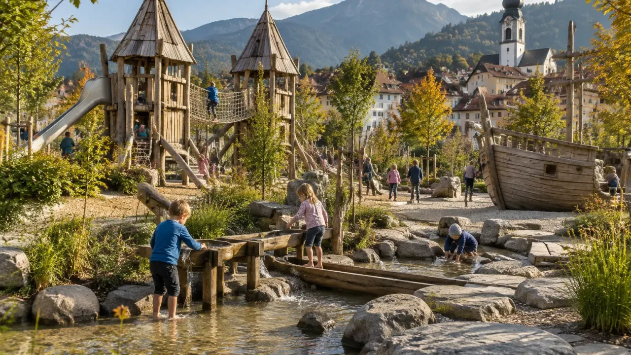 Symbolbild: Naturspielplatz mit Holztürmen, Bachlauf und Holzschiff, dahinter Kirchturm und Berge – so ähnlich soll der neue Spielplatz im Hofgarten Immenstadt werden