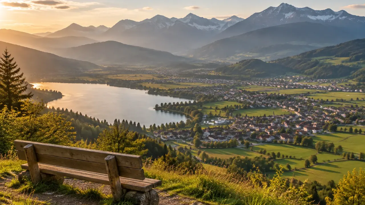 Aussichtsbank über dem Allgäu im Abendlicht mit Blick auf See, Orte im Tal und die Allgäuer Alpen