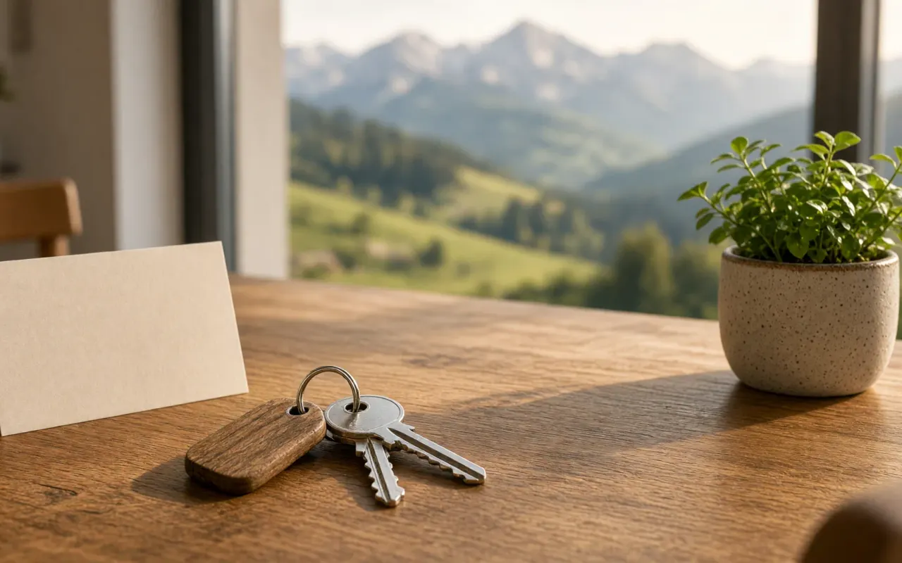 Wohnungsschlüssel mit Holzanhänger und Willkommenskarte auf einem Holztisch, durchs Fenster Wiesen und Berge