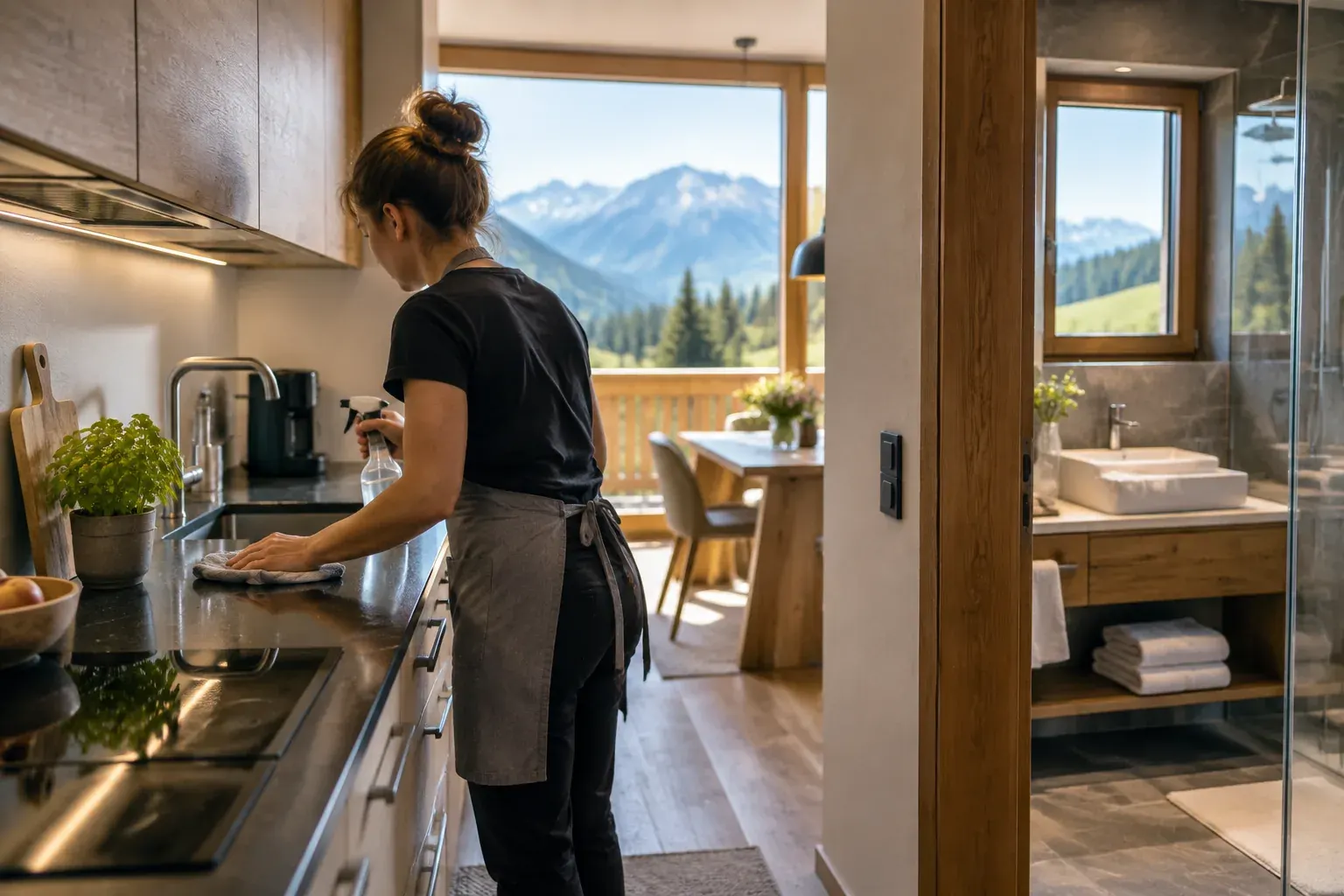 Reinigungskraft bezieht das Bett in einer hellen Ferienwohnung im Allgäu, durchs Fenster Blick auf die Berge