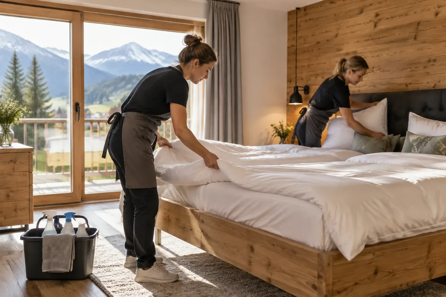 Zwei Kolleginnen beim Vorbereiten einer Ferienwohnung im Allgäu, eine putzt die Küche, im Hintergrund Bad und Bergblick
