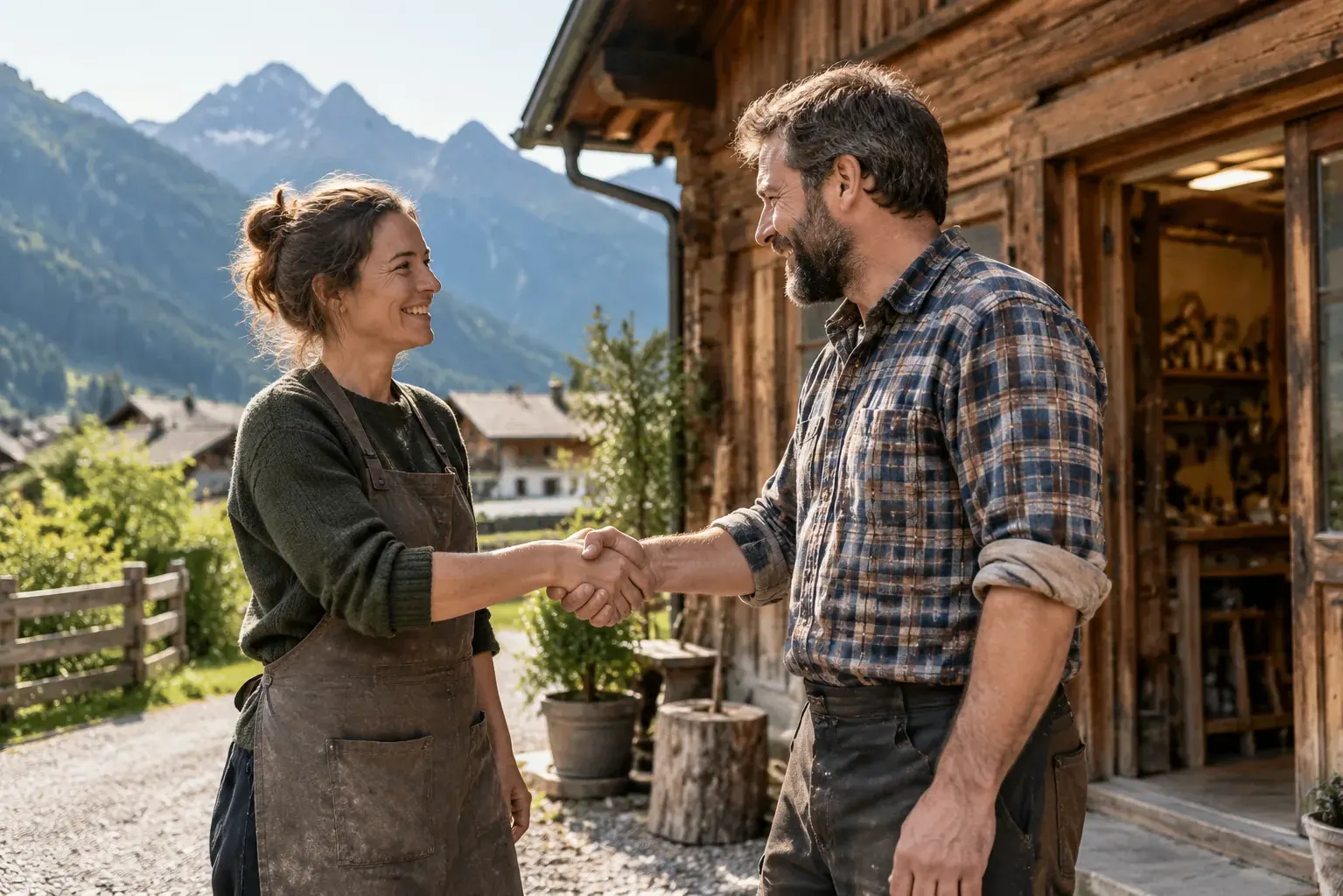 Handschlag zwischen einer Handwerkerin und einem Handwerker vor einer Werkstatt aus Holz im Allgäu, dahinter die Berge